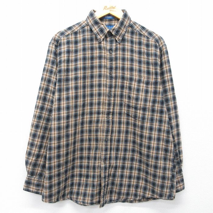 L★古着 タウンクラフト 長袖 フランネル シャツ メンズ コットン ボタンダウン ベージュ他 チェック 26mar19