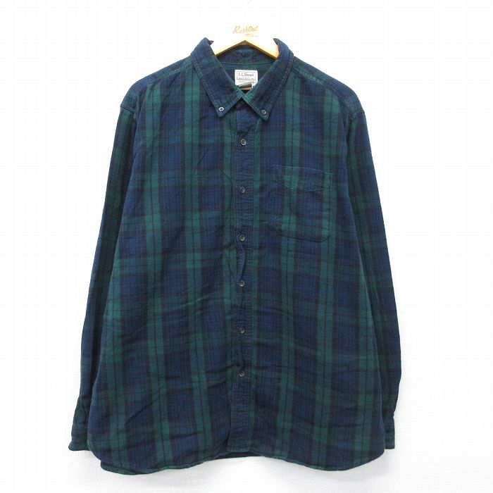 XL★古着 エルエルビーン 長袖 フランネル シャツ メンズ 00年代 00s 大きいサイズ コットン ボタンダウン 緑他 タータン チェック ブラックウォッチ 26mar19