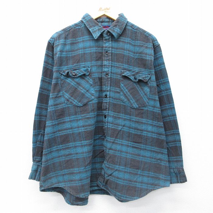 XL★古着 ダコタ 長袖 ヘビー フランネル シャツ メンズ 大きいサイズ コットン 青緑他 チェック 26mar19
