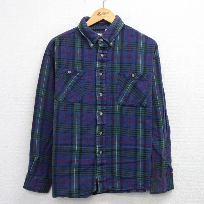 XL★古着 長袖 フランネル シャツ メンズ 大きいサイズ コットン ボタンダウン 紺他 チェック 26mar21