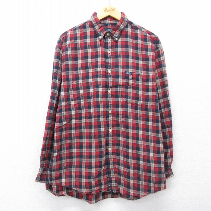 XL★古着 ラルフローレン チャップス 長袖 ブランド フランネル シャツ メンズ 90年代 90s コットン ボタンダウン 赤他 チェック 26mar30