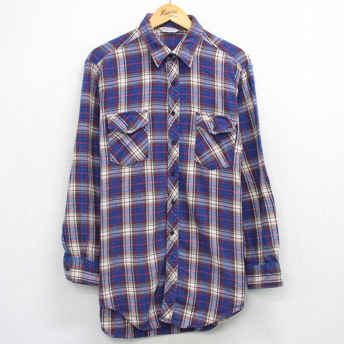 XL★古着 Wear Guard 長袖 フランネル シャツ メンズ 90年代 90s 大きいサイズ ロング丈 コットン 青他 チェック 26apr01