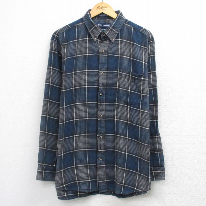 XL★古着 バンヒューセン 長袖 フランネル シャツ メンズ 90年代 90s 大きいサイズ コットン ボタンダウン 紺他 チェック 26apr01