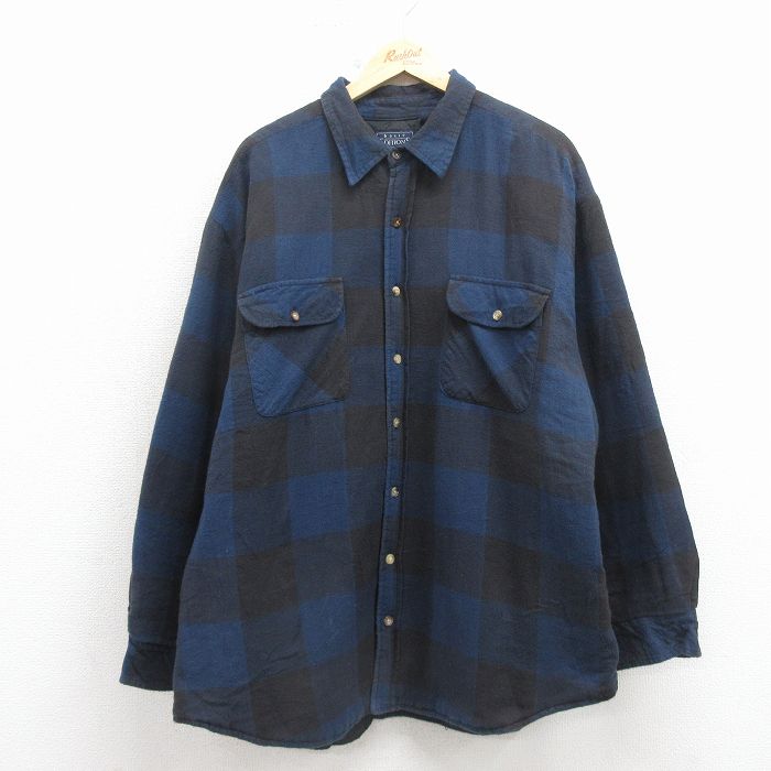 XL★古着 ベーシックエディションズ 長袖 フランネル シャツ メンズ 90年代 90s 大きいサイズ コットン 紺他 チェック 内側キルティング 26apr10