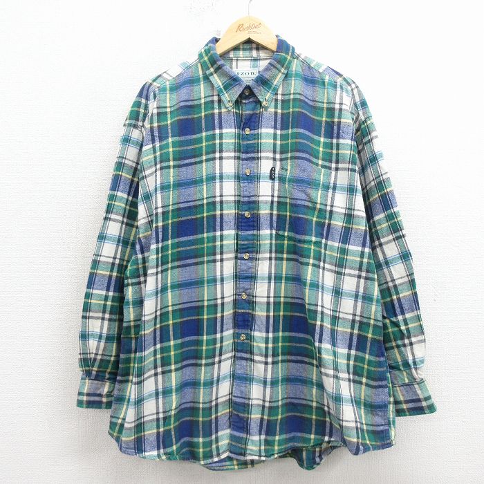 XL★古着 IZOD 長袖 フランネル シャツ メンズ 90年代 90s 大きいサイズ コットン ボタンダウン 緑他 チェック 26apr10