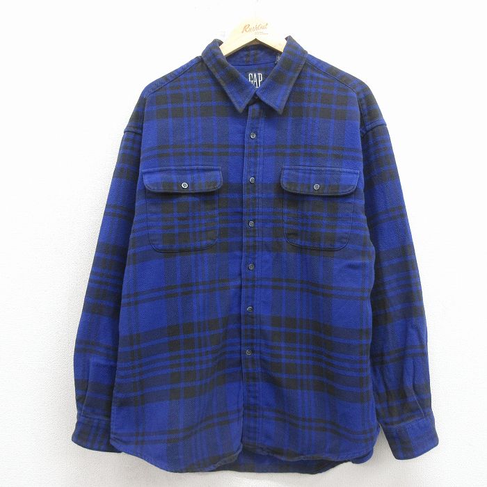 ギャップ 90s 長袖フランネルシャツ チェック ブルー メンズL相当 | 古着