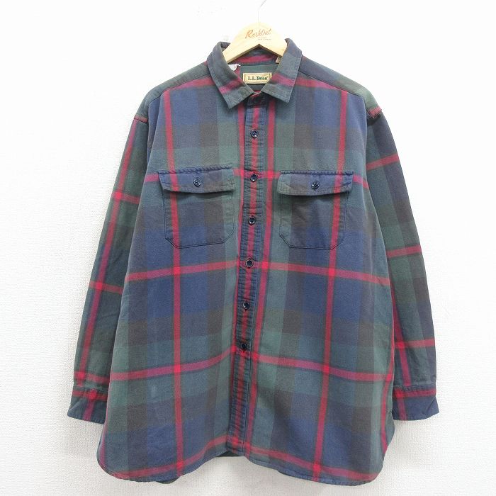 XL★古着 エルエルビーン 長袖 フランネル シャツ メンズ 80年代 80s 大きいサイズ コットン 緑他 チェック 26apr10