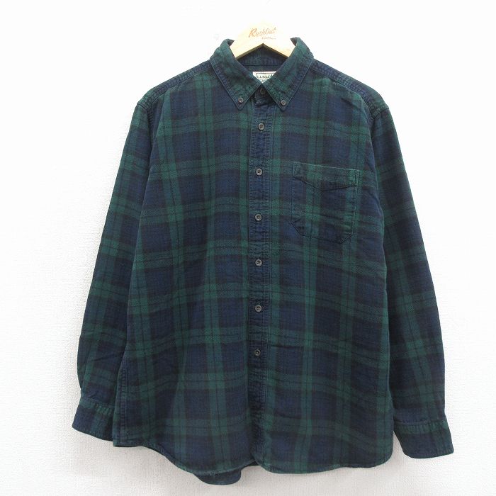XL★古着 エルエルビーン 長袖 フランネル シャツ メンズ 00年代 00s コットン ボタンダウン 濃緑他 タータン チェック ブラックウォッチ 26apr15