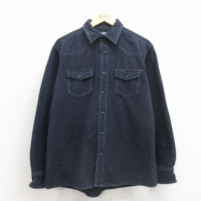 L★古着 長袖 ウエスタン フランネル シャツ メンズ コットン 紺 26apr15