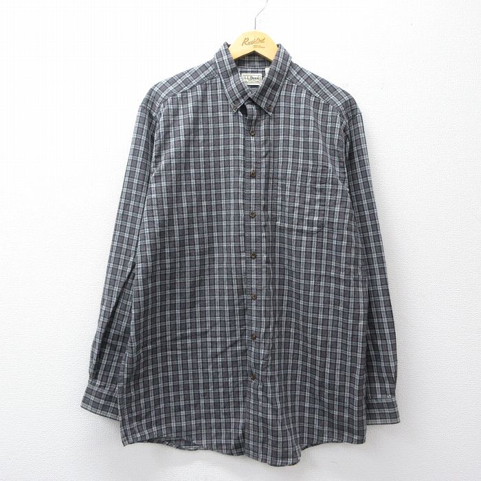 XL★古着 エルエルビーン 長袖 フランネル シャツ メンズ 00年代 00s ロング丈 コットン ボタンダウン グレー他 チェック 26apr21
