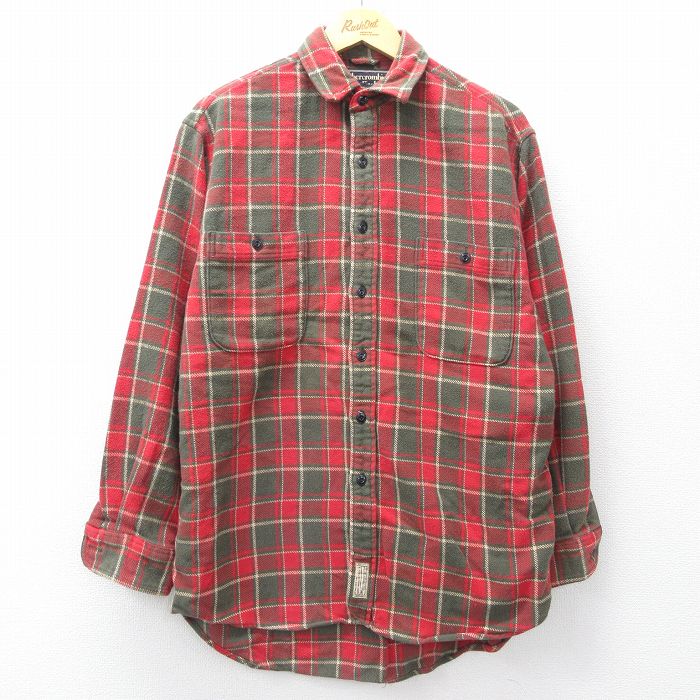 L★古着 アバクロンビー 長袖 ヘビー フランネル シャツ メンズ 90年代 90s ロング丈 コットン 赤他 チェック 26apr25