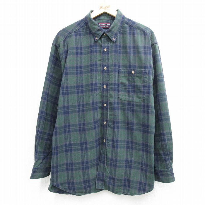 XL★古着 長袖 フランネル シャツ メンズ 大きいサイズ ロング丈 コットン ボタンダウン 緑他 チェック 26apr30