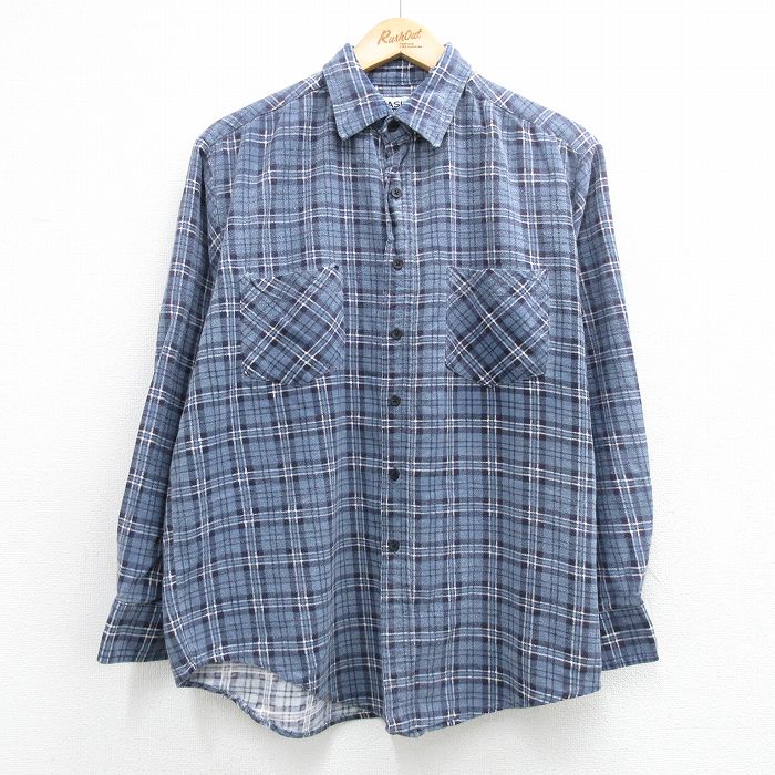 L★古着 ベーシックエディションズ 長袖 フランネル シャツ メンズ 90年代 90s コットン 紺他 チェック 26apr30