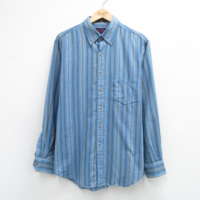 XL★古着 アロー 長袖 フランネル シャツ メンズ 90年代 90s ボタンダウン 紺他 ストライプ 26apr30