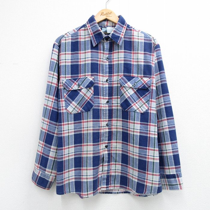 XL★古着 長袖 フランネル シャツ メンズ 90年代 90s USA製 ネイビー他 チェック 26may13