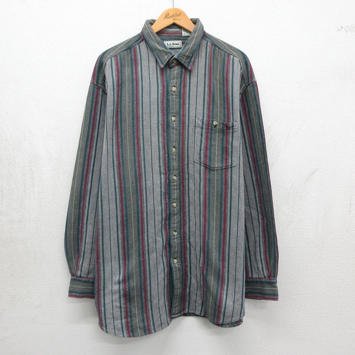 XL★古着　エルエルビーン  長袖 ヘビー フランネル シャツ メンズ 90年代 90s ヘリンボーン 大きいサイズ ロング丈 コットン グリーン他 ストライプ【spe】 26may16
