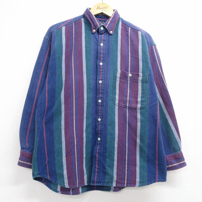 XL★古着 GANT 長袖 ヘビー フランネル シャツ メンズ 90年代 90s コットン ボタンダウン ネイビー ストライプ 26jun16