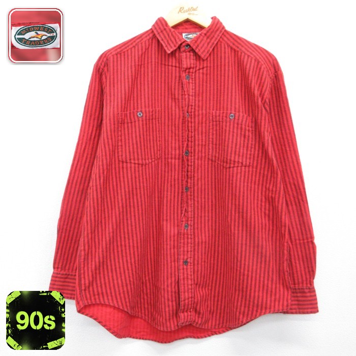 MIDWEST TRADERS 90s 長袖シャツ フランネル ストライプ レッド メンズL相当 | 古着