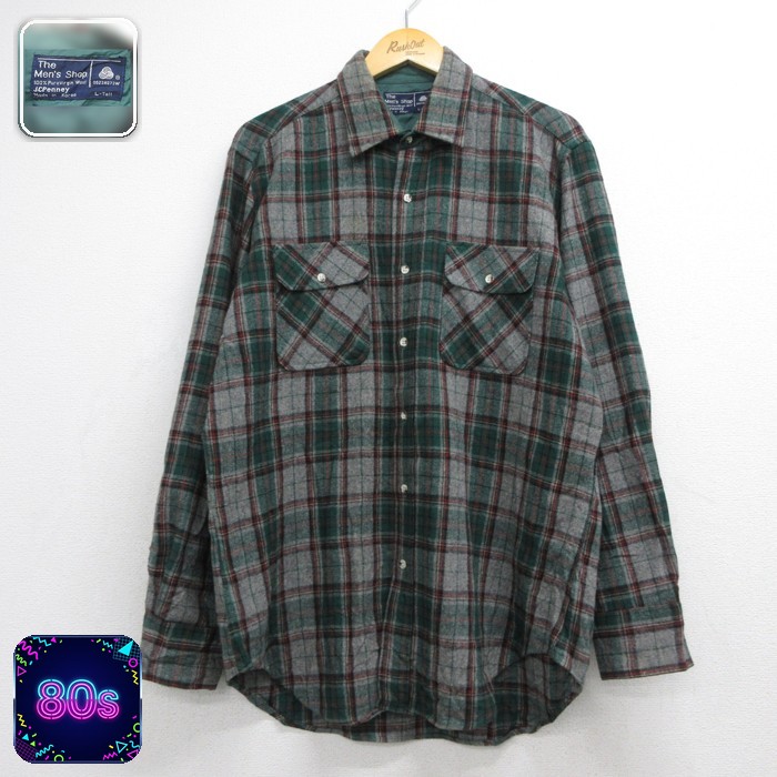 JCPenney 80s 長袖シャツ フラップポケット グリーンチェック メンズXL相当 | 古着