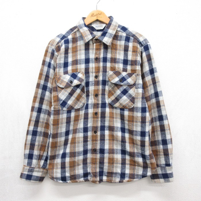 FIVE BROTHER 長袖 シャツ 80s ヘビー フランネル フラップポケット コットン USA製 ネイビー チェック メンズL相当 | 古着