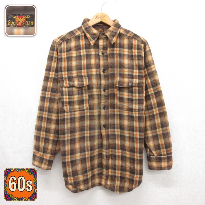 60s 長袖シャツ フラップポケット ブラウンチェック メンズM相当 | 古着