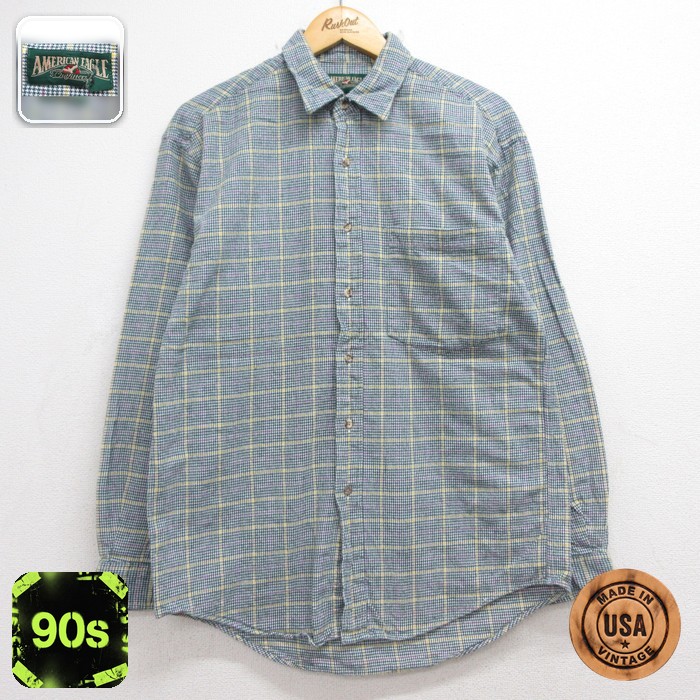 American Eagle 長袖 シャツ 90s フランネル 胸ポケット コットン USA製 カーキ チェック メンズM相当 | 古着