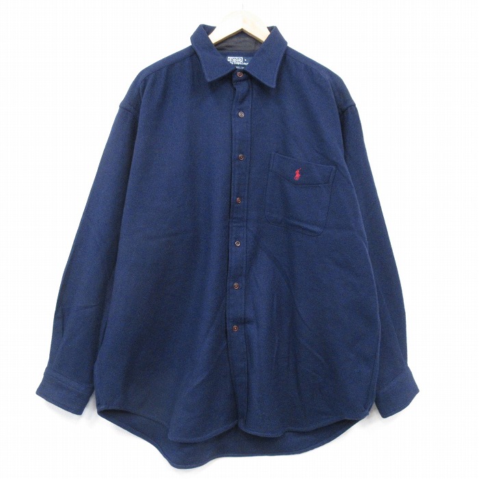 XL★古着 ラルフローレン 長袖 ブランド ウール シャツ メンズ 90年代 90s LOWELL SPORT 大きいサイズ ロング丈 ウール 紺【spe】 26feb07