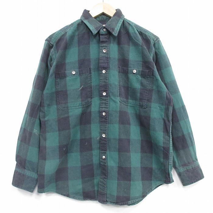 XL★古着 セントジョンズベイ 長袖 ヘビー フランネル シャツ メンズ 90年代 90s コットン 緑他 バッファロー チェック 26feb07