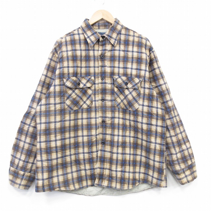XL★古着 シアーズ 長袖 フランネル シャツ メンズ 80年代 80s 大きいサイズ USA製 濃ベージュ他 チェック【spe】 26feb07