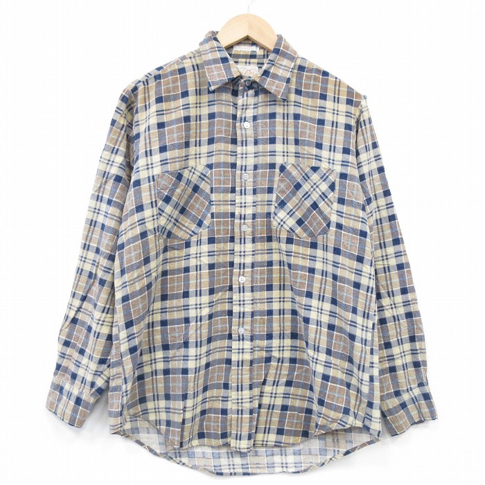 XL★古着 長袖 フランネル シャツ メンズ 80年代 80s コットン ベージュ他 チェック 26feb07