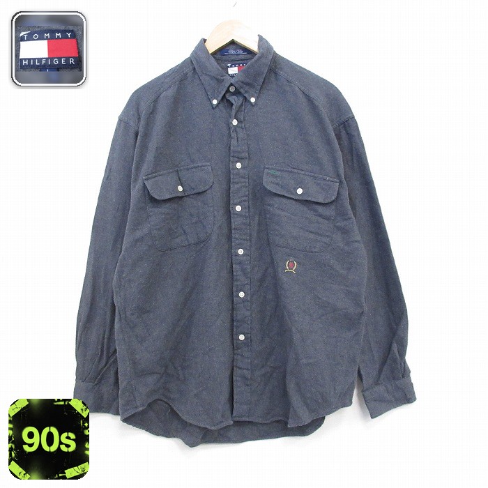 トミーヒルフィガー 90s 長袖シャツ ワンポイントロゴ グレー XL | 古着