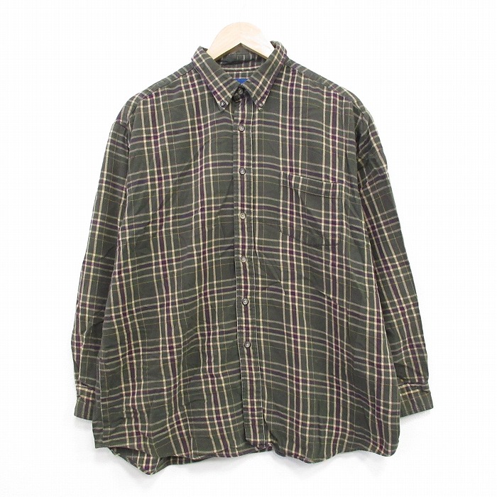 L★古着 長袖 フランネル シャツ メンズ 90年代 90s コットン 緑他 チェック 26feb13