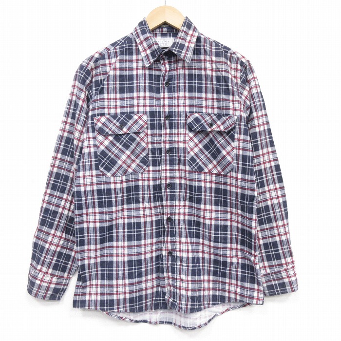 L★古着 シアーズ 長袖 フランネル シャツ メンズ 90年代 90s USA製 紺他 チェック 26mar10