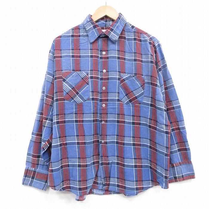 XL★古着 長袖 フランネル シャツ メンズ 80年代 80s 大きいサイズ コットン 薄紺他 チェック 26mar10