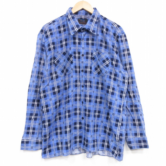 XL★古着 長袖 フランネル シャツ メンズ 80年代 80s 紺他 チェック 26mar10