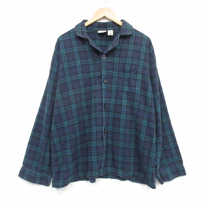 XL★古着 エルエルビーン 長袖 パジャマ フランネル シャツ メンズ 00年代 00s 開襟 オープンカラー コットン 緑他 タータン チェック ブラックウォッチ 26mar10