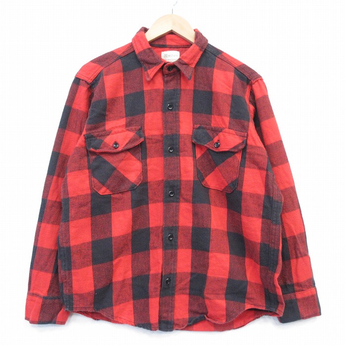 L★古着 メルトン MELTON 長袖 フランネル シャツ メンズ 80年代 80s コットン USA製 赤他 バッファロー チェック【spe】 26mar10
