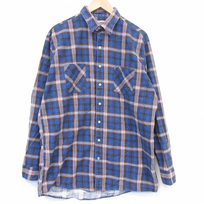 XL★古着 長袖 フランネル シャツ メンズ 90年代 90s コットン USA製 紺他 チェック 26mar10