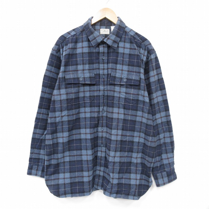 XL★古着 エルエルビーン 長袖 ヘビー フランネル シャツ メンズ 00年代 00s 大きいサイズ ロング丈 コットン 紺他 チェック 26apr03