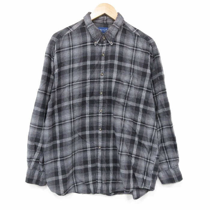 XL★古着 タウンクラフト 長袖 フランネル シャツ メンズ 00年代 00s コットン ボタンダウン 濃グレー他 チェック 26apr03