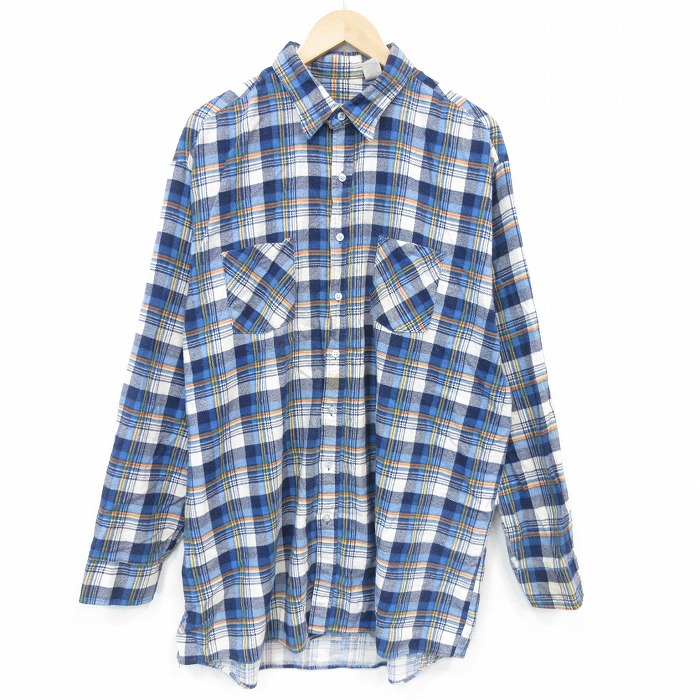 XL★古着 長袖 フランネル シャツ メンズ 80年代 80s 大きいサイズ ロング丈 コットン USA製 青他 チェック 26apr03