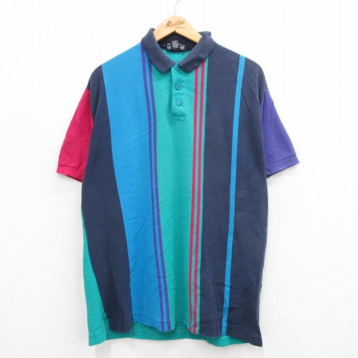 【50%OFF】XL★古着 半袖 ポロ シャツ メンズ 90年代 90s 鹿の子 コットン USA製 青緑系他 24mar05 中古 トップス