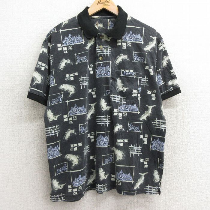 半袖ポロシャツ 魚総柄 ブラック XL | 古着