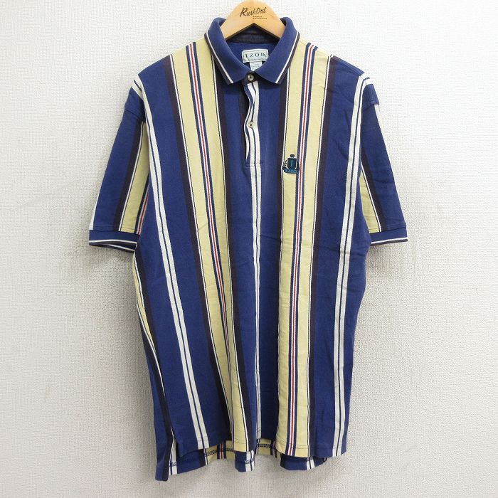 L★古着 IZOD 半袖 ポロ シャツ メンズ 90年代 90s ワンポイントロゴ コットン 鹿の子 紺他 ネイビー ストライプ 24mar22 中古 トップス