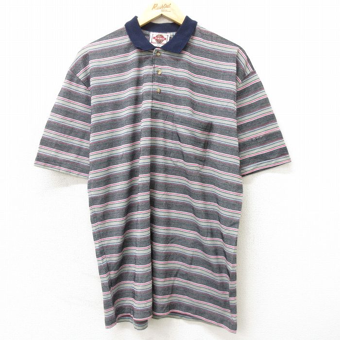 XL★古着 半袖 ポロ シャツ メンズ 00年代 00s 大きいサイズ 紺他 ネイビー ボーダー 24mar23 中古 トップス