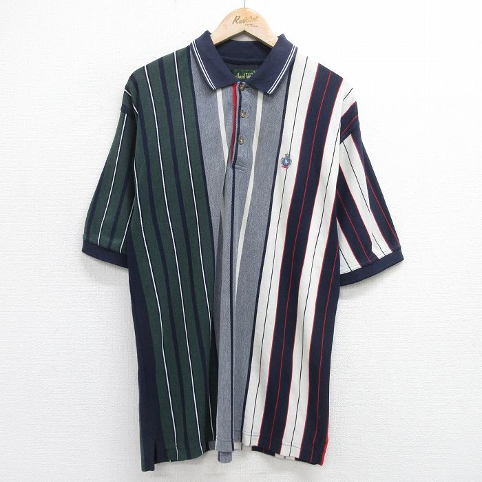 XL★古着 半袖 ポロ シャツ メンズ 90年代 90s 鹿の子 緑他 グリーン ストライプ 24apr02 中古 トップス