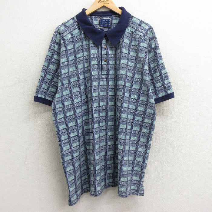 【50%OFF】XL★古着 半袖 ポロ シャツ メンズ 00年代 00s 総柄 大きいサイズ ロング丈 コットン 薄紺他 ネイビー 【spe】 24apr05 中古 トップス
