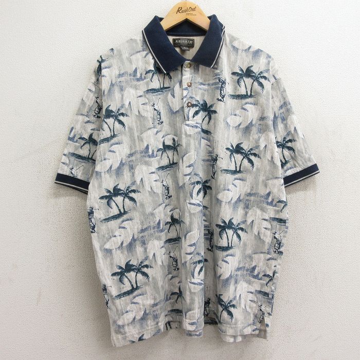 XL★古着 半袖 ポロ シャツ メンズ 00年代 00s ゴルフ ヤシの木 総柄 大きいサイズ コットン グレー系他 【spe】 24apr06 中古 トップス