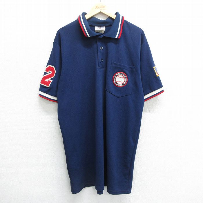 XL★古着 半袖 ポロ シャツ メンズ 90年代 90s ベースボール 星条旗 胸ポケット付き ロング丈 大きいサイズ USA製 紺他 ネイビー 24may25 中古 トップス