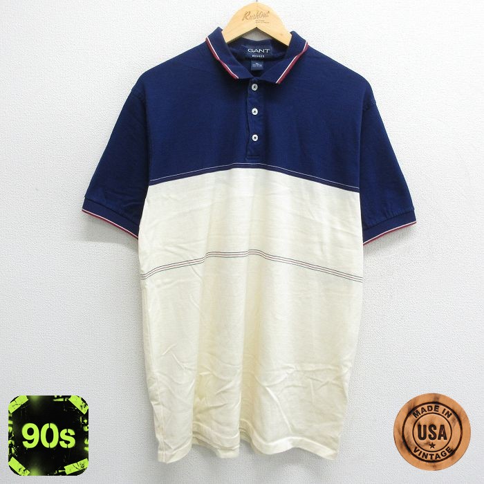 XL★古着 GANT 半袖 ポロ シャツ メンズ 90年代 90s コットン USA製 紺他 ネイビー 24may25 中古 トップス